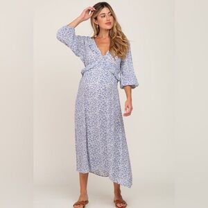 Blue Floral Ruffle V-Neck Maternity Midi Dress